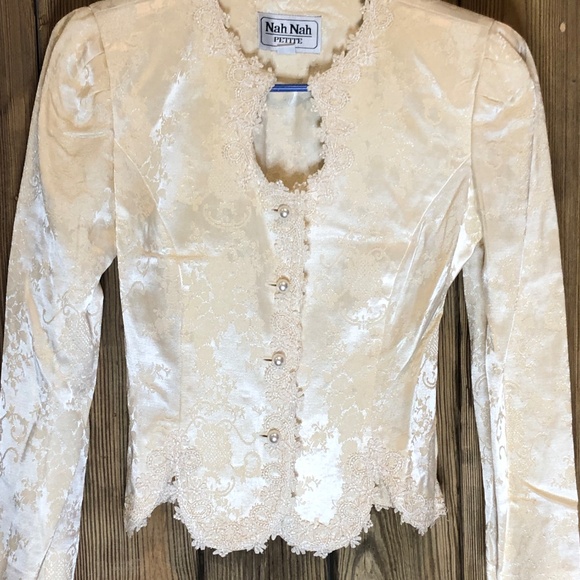 VTG 90s Ivory Brocade/Lace Trim Peplum Jacket/Full Skirt Womens Set 4P~Wedding - Picture 7 of 16